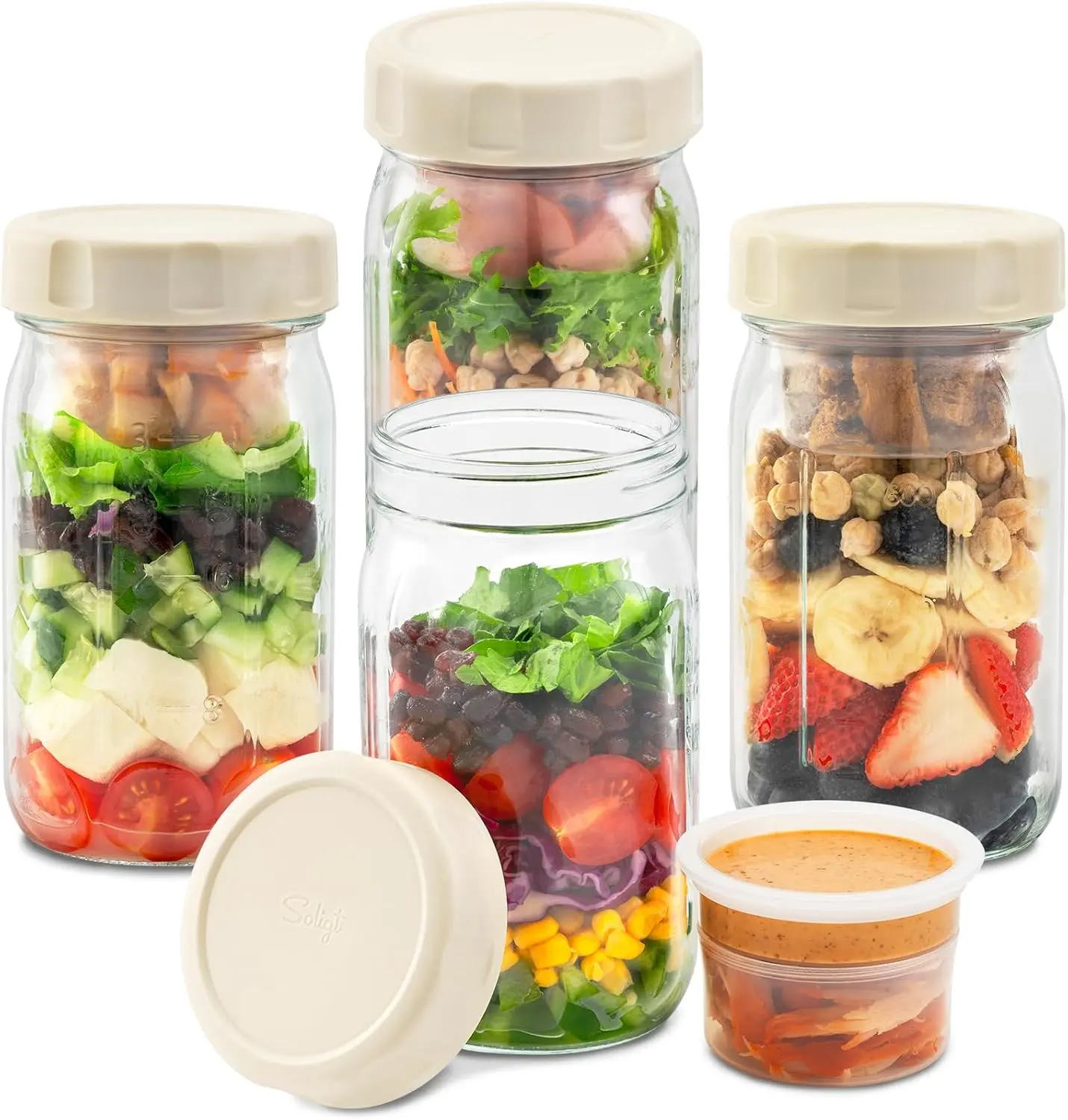 32oz Glass Salad Jars with Lids (4 Pack) – Leakproof Meal Prep Containers with Built-in Dressing & Dry Food Compartments, Wet & Dry Separation Lunch Jars