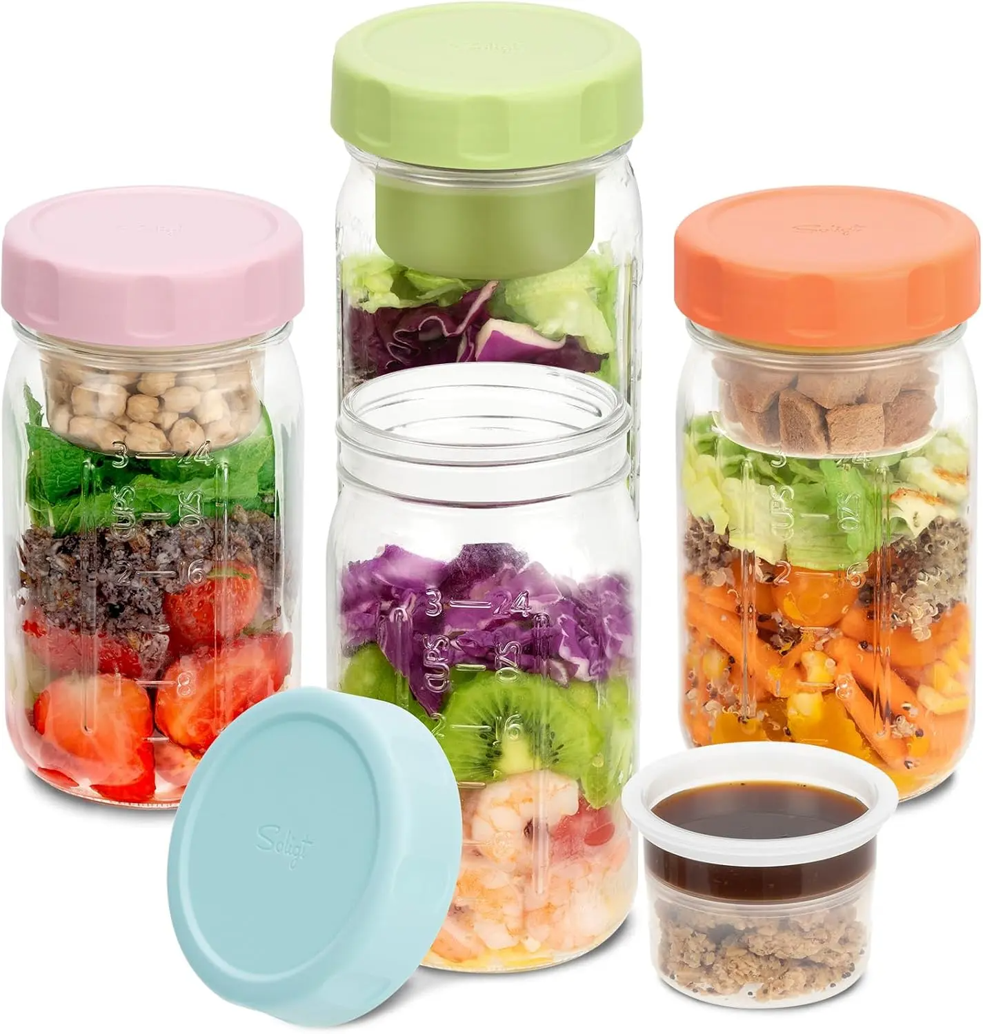 32oz Glass Salad Jars with Lids (4 Pack) – Leakproof Meal Prep Containers with Built-in Dressing & Dry Food Compartments, Wet & Dry Separation Lunch Jars
