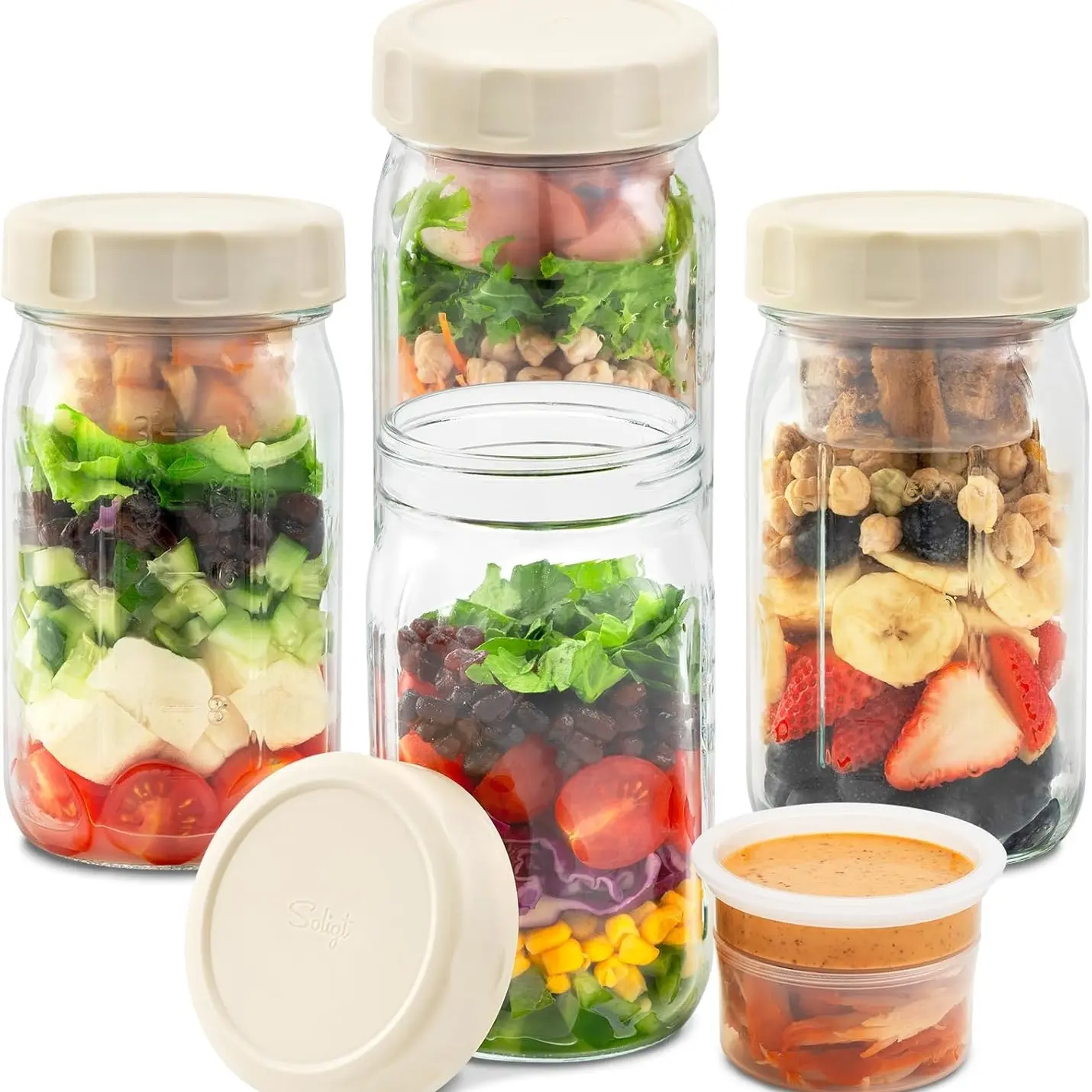 32oz Glass Salad Jars with Lids (4 Pack) – Leakproof Meal Prep Containers with Built-in Dressing & Dry Food Compartments, Wet & Dry Separation Lunch Jars