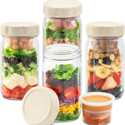 32oz Glass Salad Jars with Lids (4 Pack) – Leakproof Meal Prep Containers with Built-in Dressing & Dry Food Compartments, Wet & Dry Separation Lunch Jars