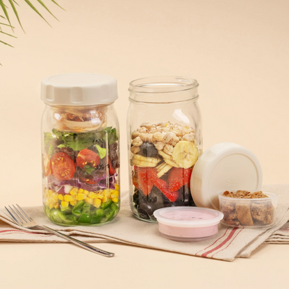 32oz Glass Salad Jars with Lids (4 Pack) – Leakproof Meal Prep Containers with Built-in Dressing & Dry Food Compartments, Wet & Dry Separation Lunch Jars