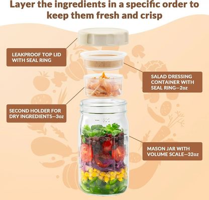 32oz Glass Salad Jars with Lids (4 Pack) – Leakproof Meal Prep Containers with Built-in Dressing & Dry Food Compartments, Wet & Dry Separation Lunch Jars