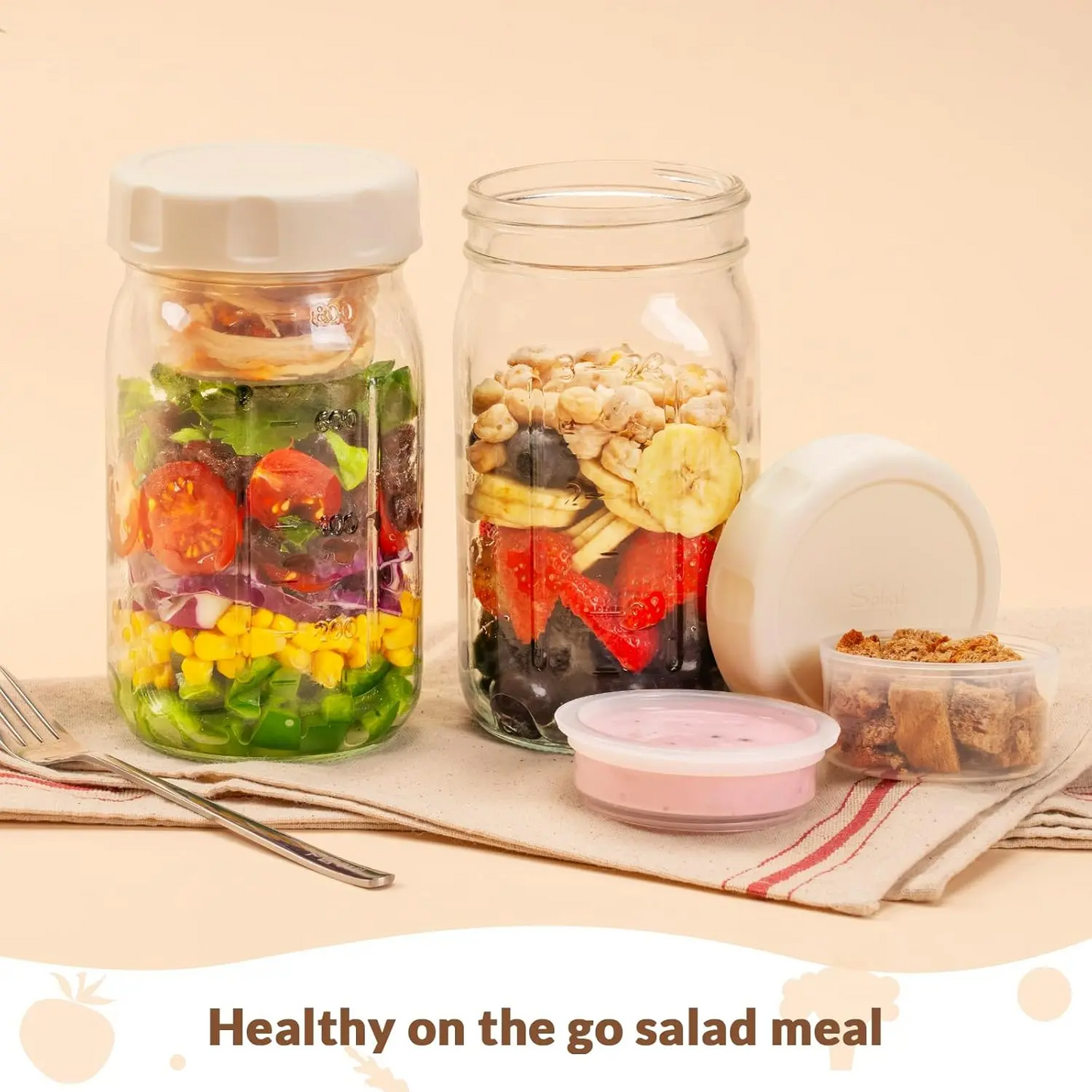 32oz Glass Salad Jars with Lids (4 Pack) – Leakproof Meal Prep Containers with Built-in Dressing & Dry Food Compartments, Wet & Dry Separation Lunch Jars
