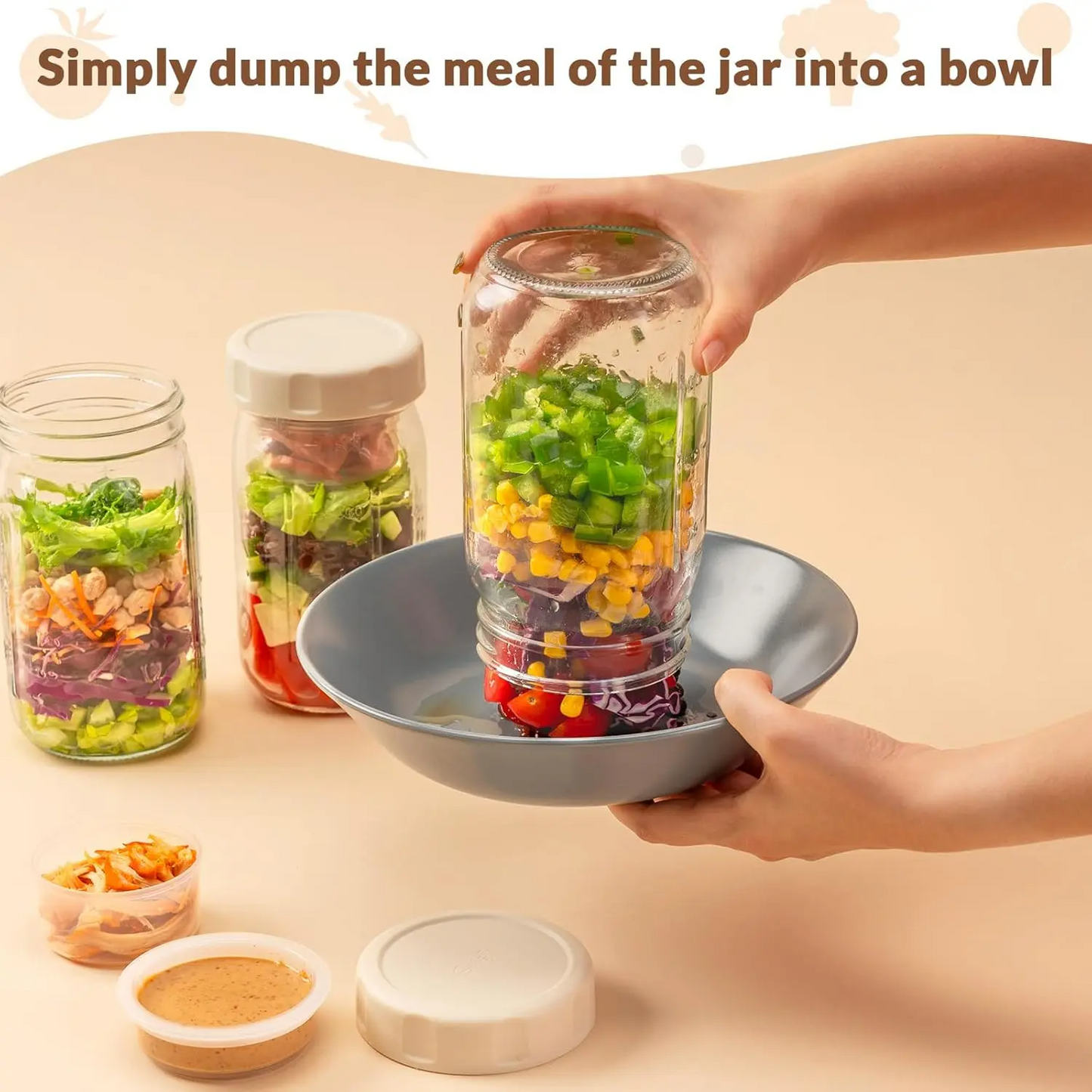 32oz Glass Salad Jars with Lids (4 Pack) – Leakproof Meal Prep Containers with Built-in Dressing & Dry Food Compartments, Wet & Dry Separation Lunch Jars